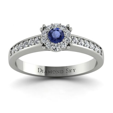Diamentowe lśnienie - Pierścionek zaręczynowy z białego złota z szafirem 0,22 ct i diamentami