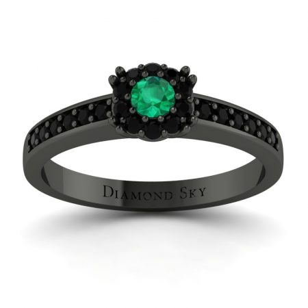 Diamentowe lśnienie - Pierścionek zaręczynowy, czarne złoto, czarne diamenty, szmaragd 0,22 ct