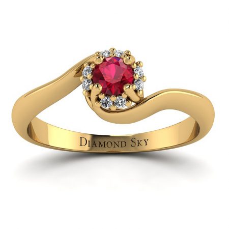Zmysłowa linia - Pierścionek zaręczynowy z żółtego złota z rubinem i diamentami