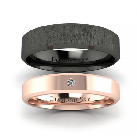 Klasyka w czerni z nutą różu - Komplet płaskich obrączek z czarnego i różowego złota, 3.5mm, 6mm, diament