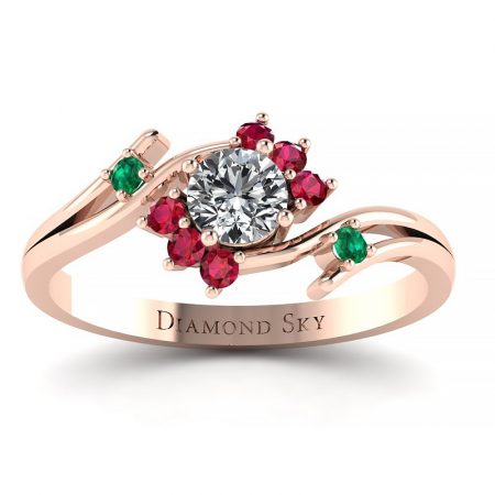 Kwiat piękna - Pierścionek zaręczynowy Diamond Sky z różowego złota z diamentem, rubinami oraz szmaragdami