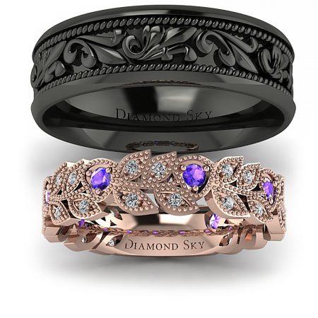 Fantazja ornamentu - Komplet obrączek Diamond Sky,  różowe, czarne złoto