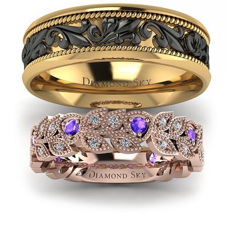 Fantazja ornamentu - Komplet obrączek Diamond Sky, żółte, różowe, białe, czarne złoto