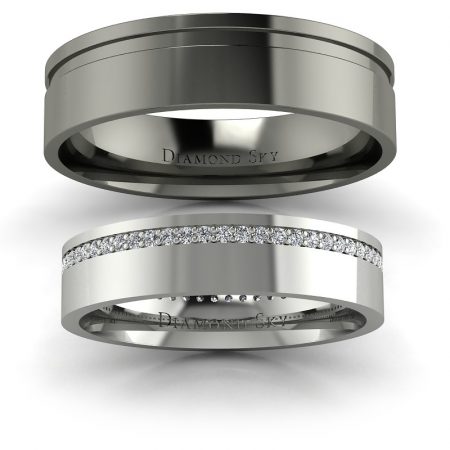 Blask miłości - Obrączki ślubne z białego oraz czarnego złota z brylantami i rowkiem Diamond Sky