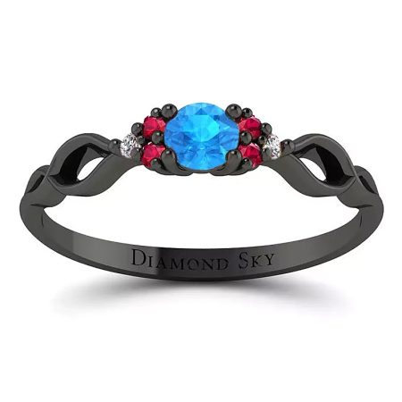 Fantazja formy - Pierścionek zaręczynowy Diamond Sky, czarne złoto, topaz, rubiny i białe szafiry