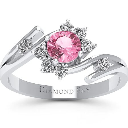 Kwiat piękna - Pierścionek zaręczynowy Diamond Sky z białego złota z różowym szafirem oraz diamentami 585